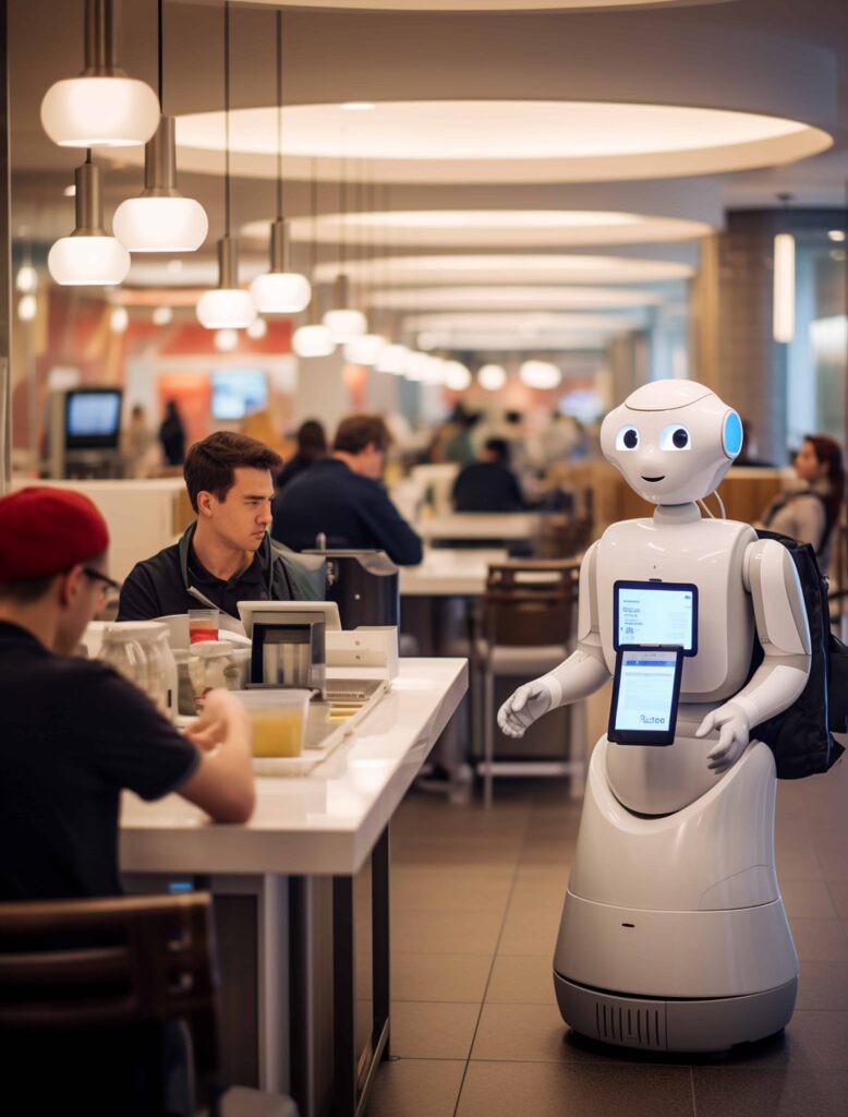 a robot interacting in a modern setting, which illustrates the concept of AI chatbots