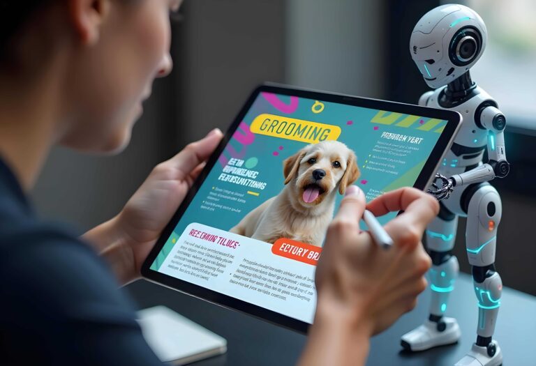 a futuristic designer using a tablet to create a marketing material with AI assistance