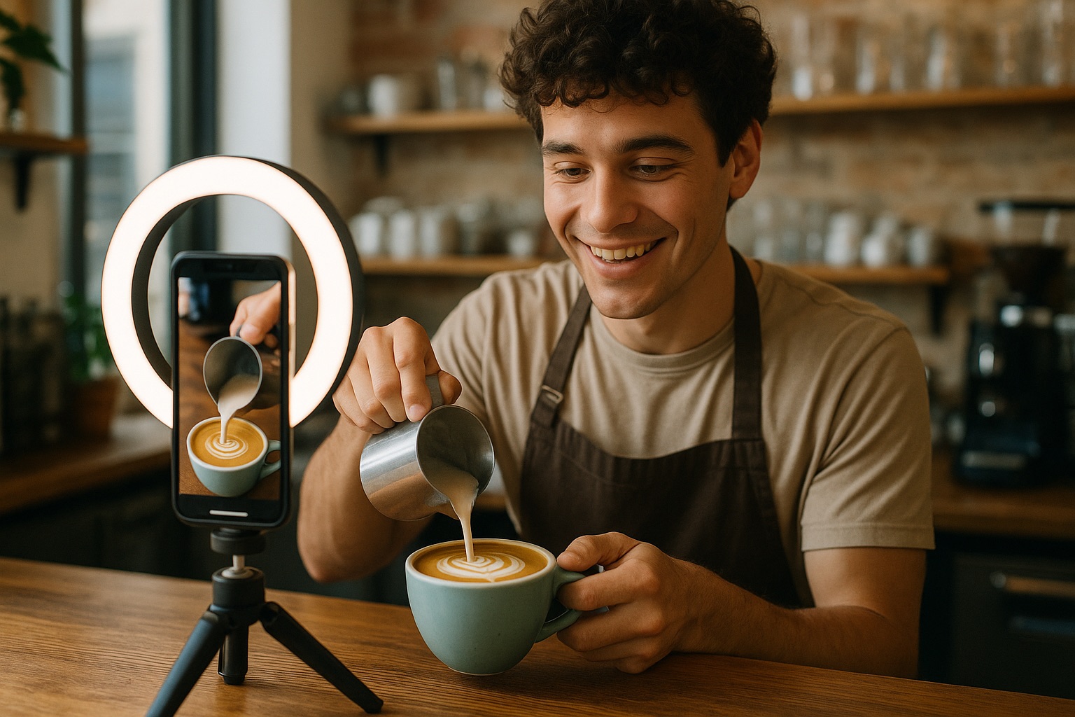 Barista filming a latte art video on a smartphone mounted on a tripod with a ring light