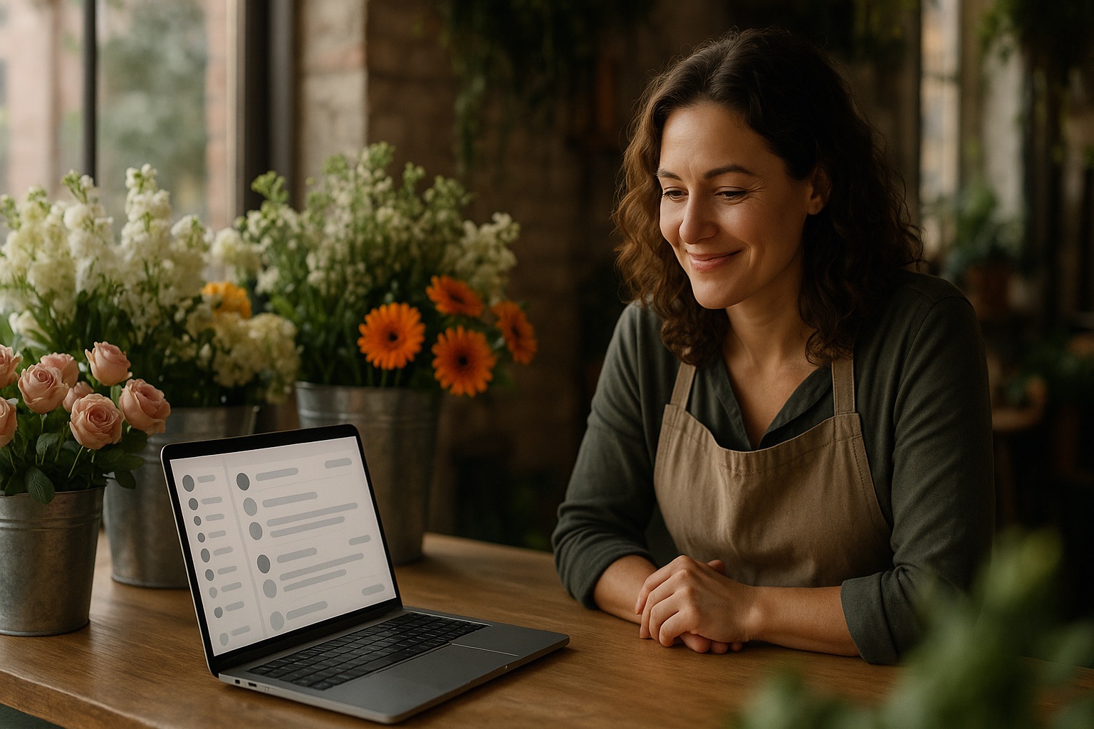 Florist at her shop counter reading a community group discussion on her laptop beside buckets of fresh flowers