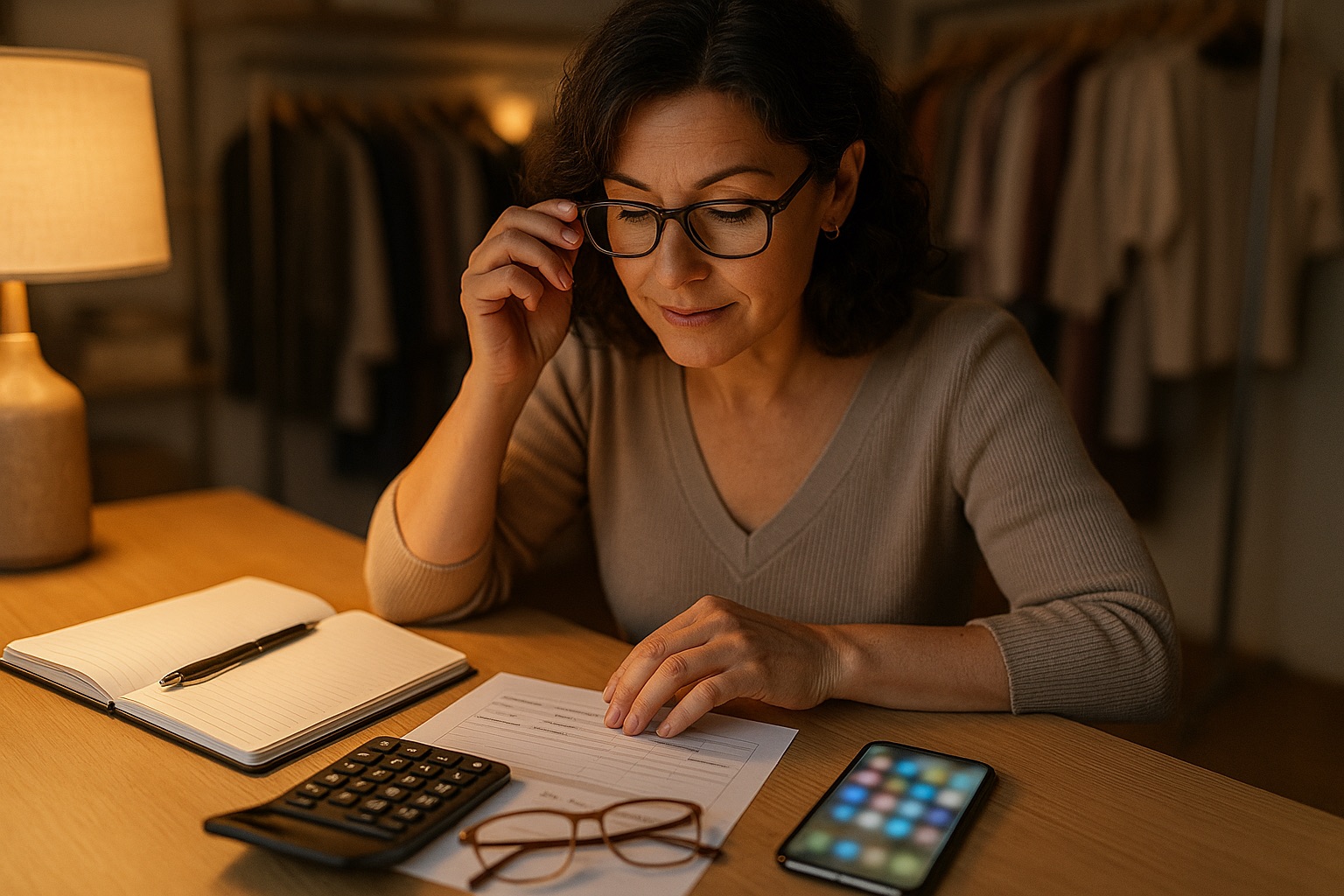 Boutique owner at her desk in the evening reviewing a budget with a calculator and notebook beside her phone