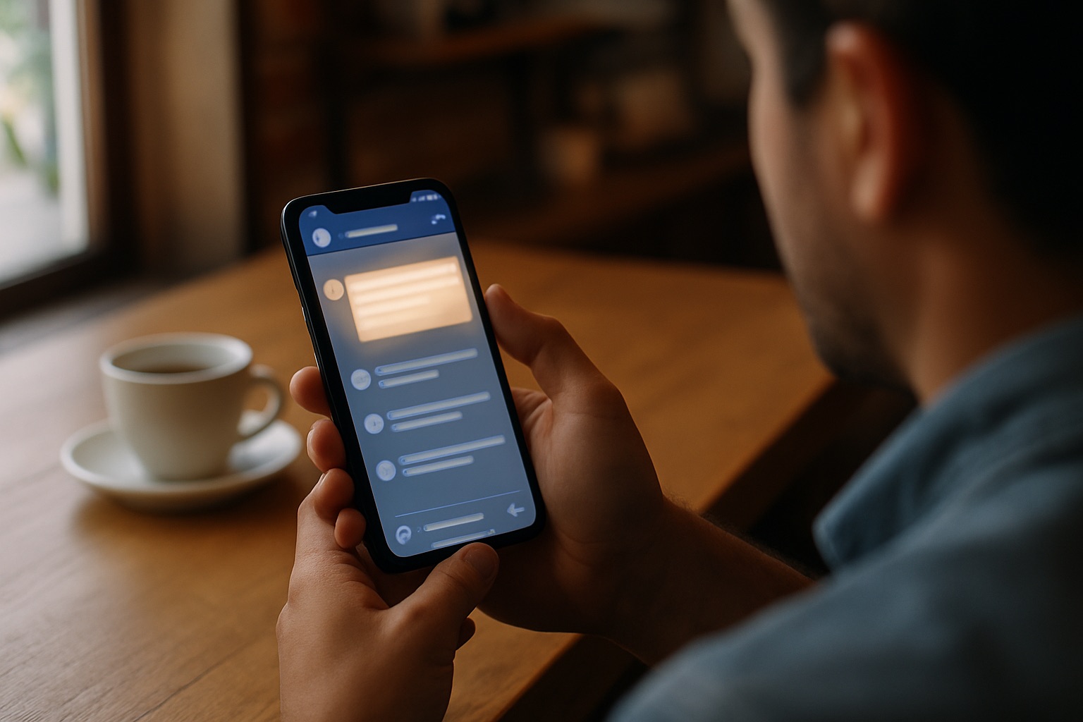 Small business owner reading a social media comment section on a phone, with one thoughtful comment highlighted at the top of the thread