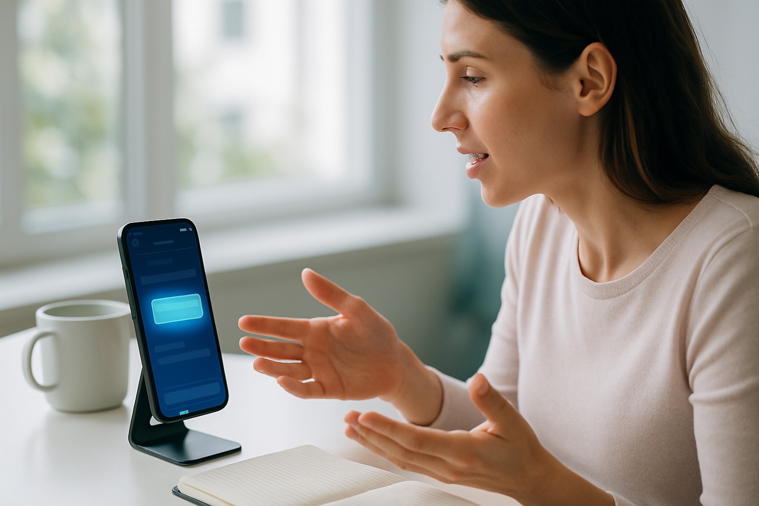 Woman at her desk asking a question to the AI assistant on her phone