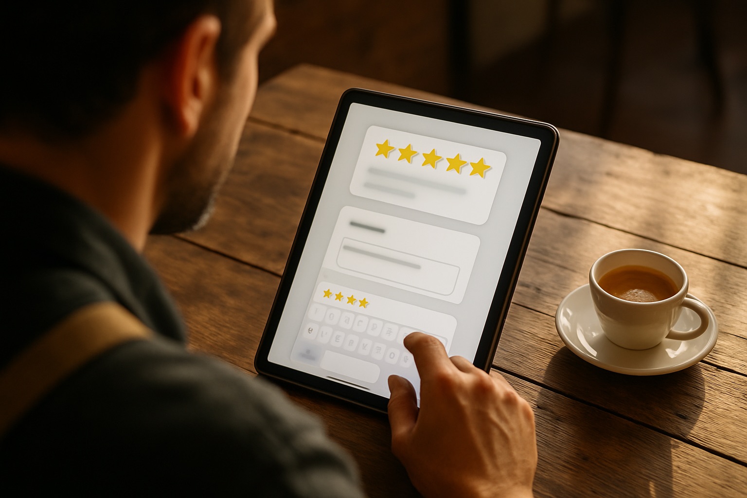 Cafe owner replying to customer reviews on a tablet next to an espresso