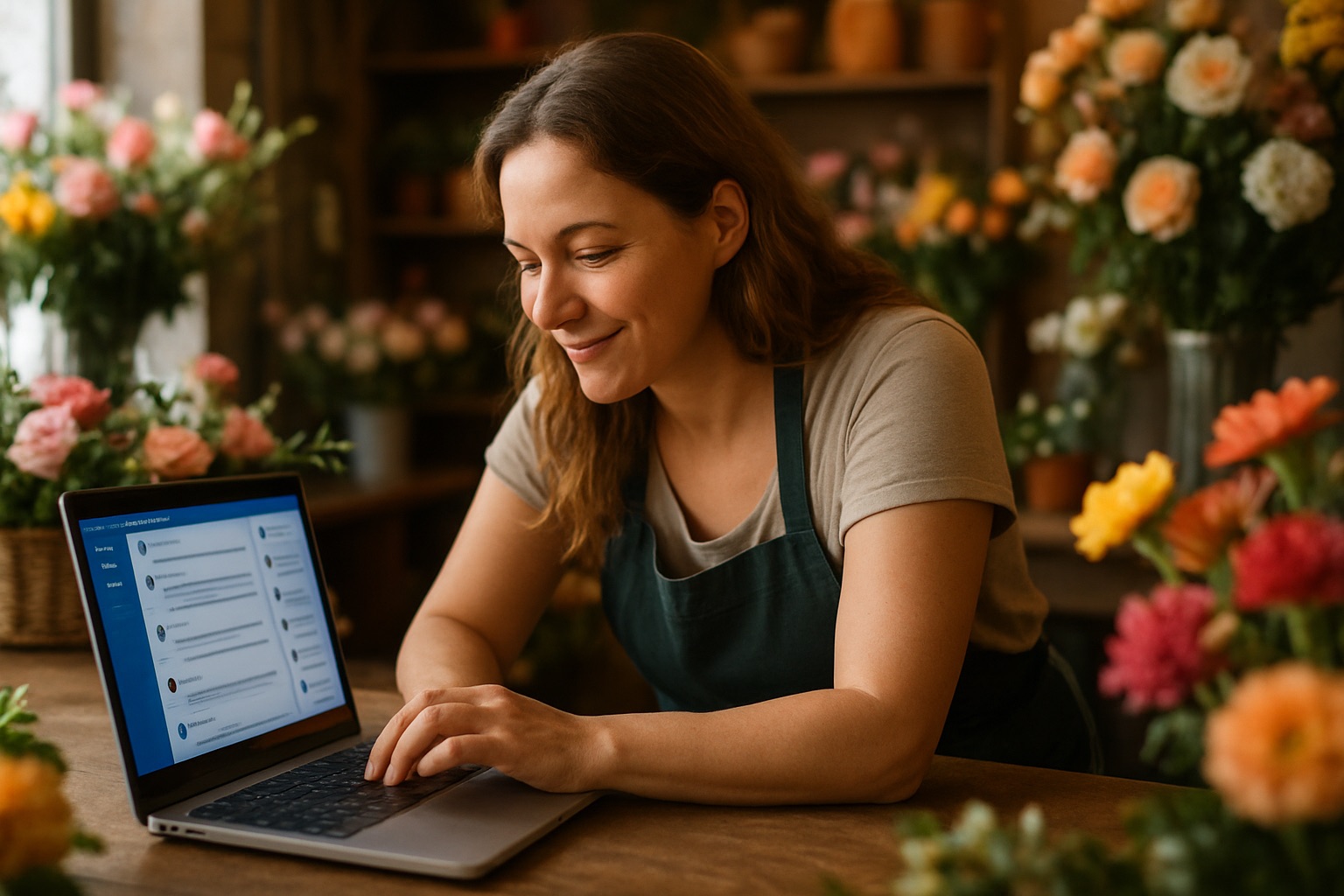 Flower shop owner typing a comment on her laptop at the counter of her shop
