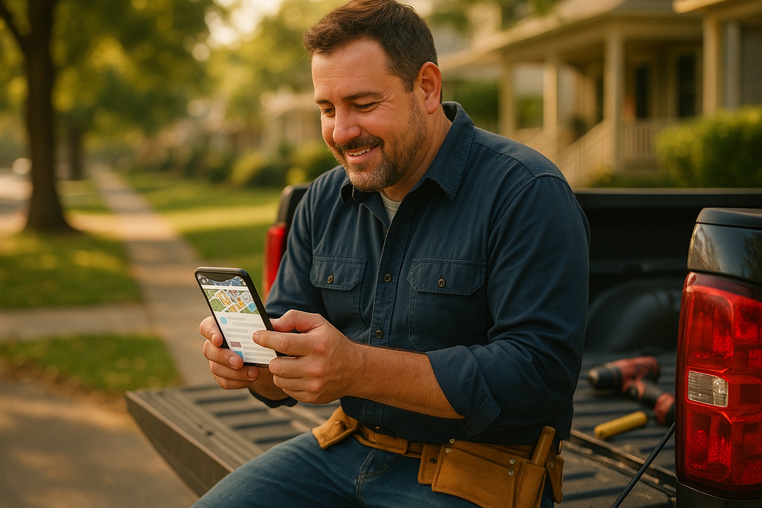 Handyman taking a break on his truck tailgate in a suburban neighborhood while checking a community app on his phone