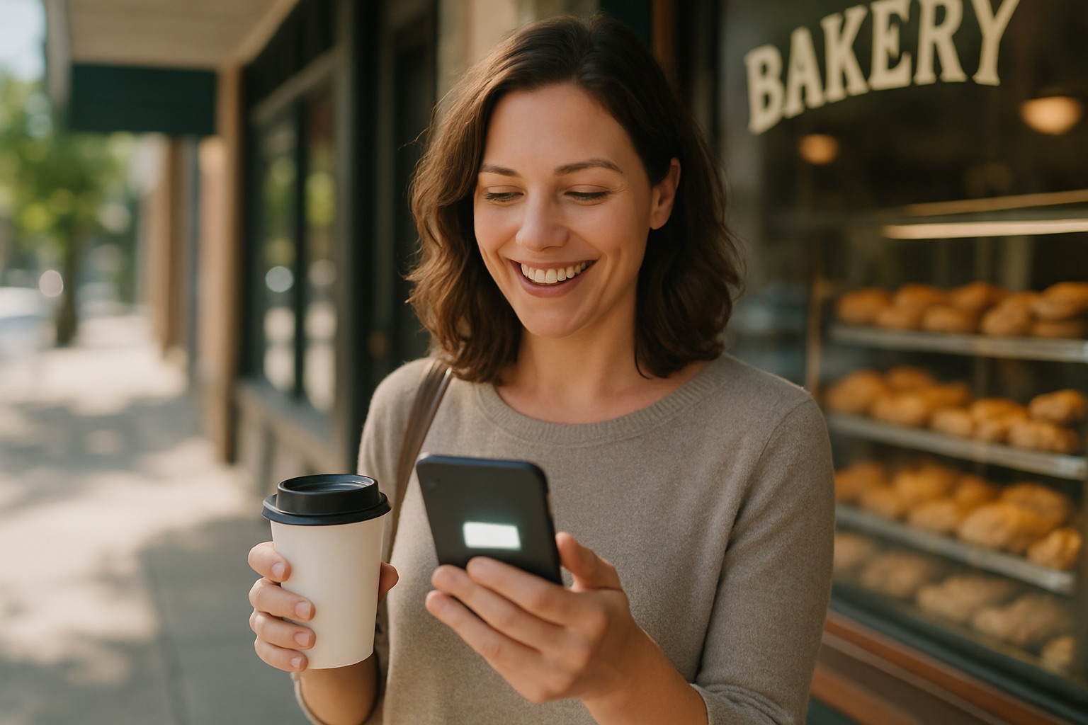 Smiling customer outside a bakery reading a text message on her phone with a coffee in hand