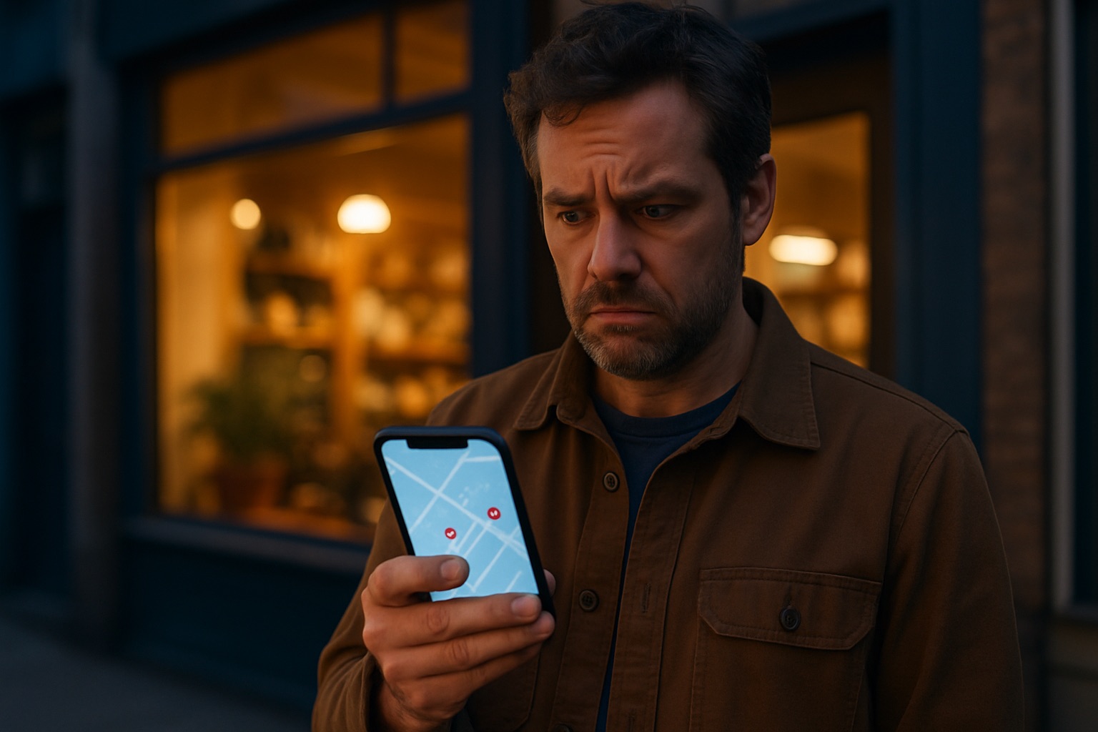 Business owner standing outside his shop at dusk checking a map app on his phone