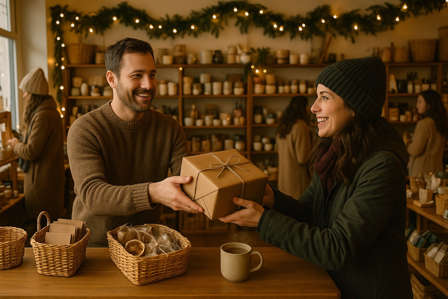 Shop owner hands a wrapped gift box across a counter with baskets of gift cards to a smiling customer