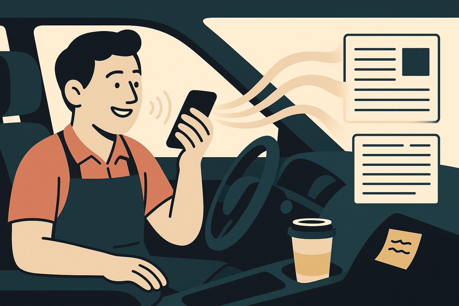 Illustration of a business owner in a parked car talking into a phone as the words turn into a blog post