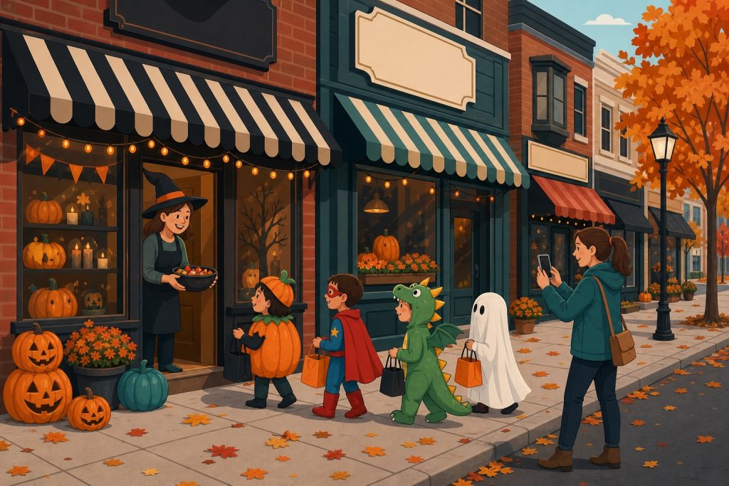 Illustration of children in Halloween costumes trick-or-treating at decorated storefronts on a small-town Main Street