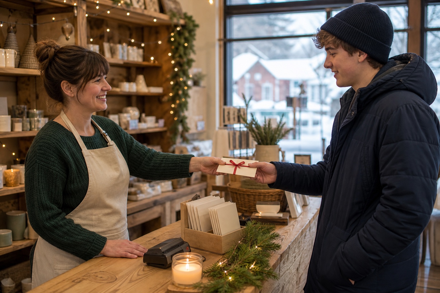 A smiling salesperson hands a gift card envelope tied with a red ribbon to a teenage boy at a holiday shop counter