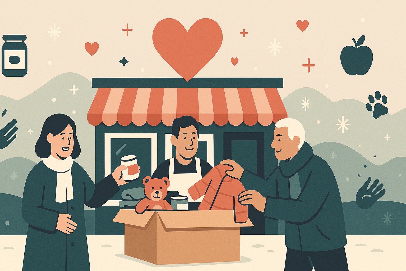 Illustration of a shop owner and neighbors filling a donation box with coats, canned food, and a teddy bear outside a local store