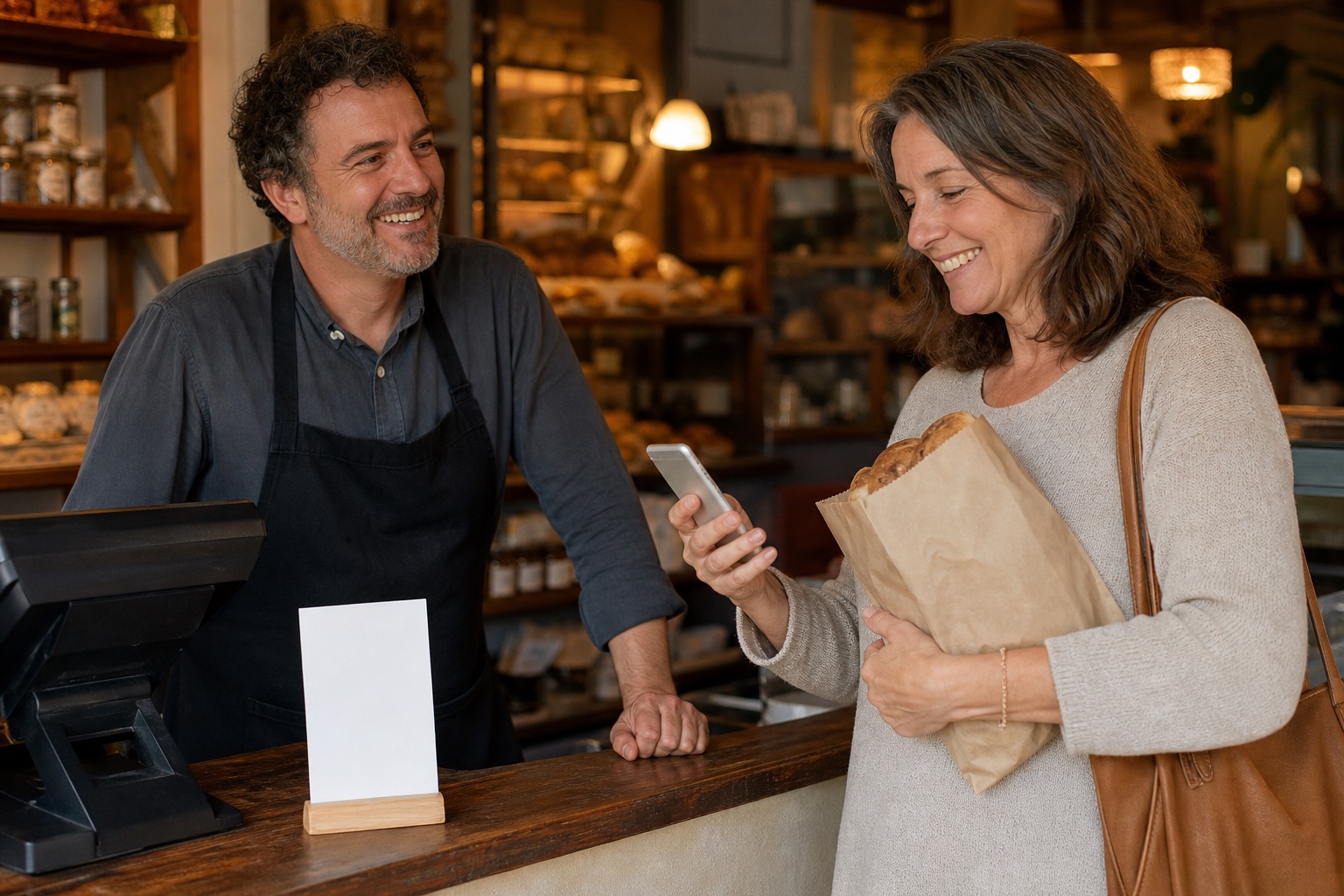 A smiling bakery owner talks with a customer holding a bag of bread as she looks at her phone at the counter