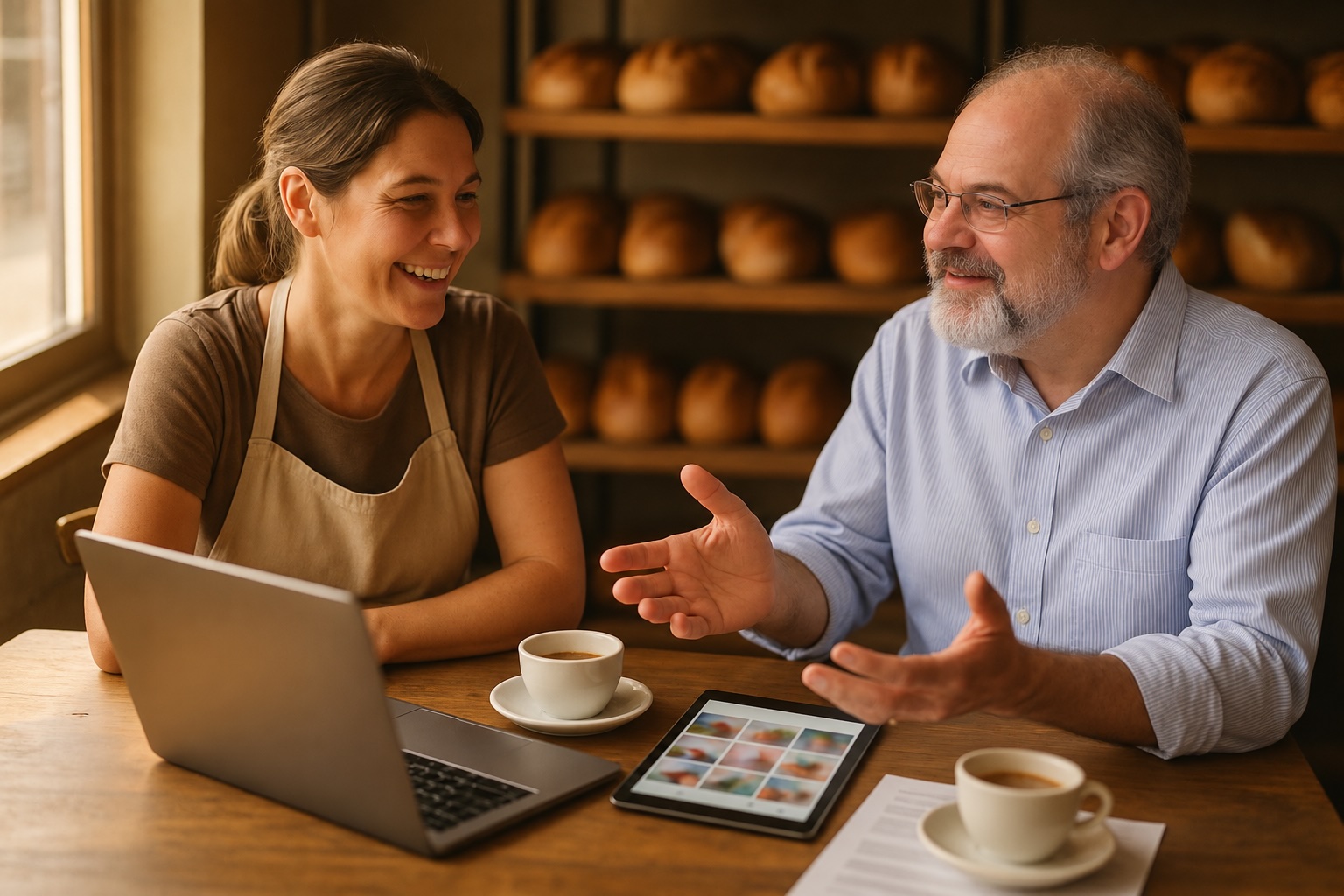 Bakery owner meeting with a social media consultant at a cafe table, with a tablet showing a grid of photos between them