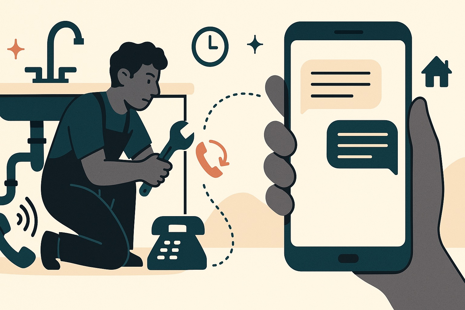 Illustration of a tradesperson fixing a sink while a missed call becomes a text conversation on a customer's phone