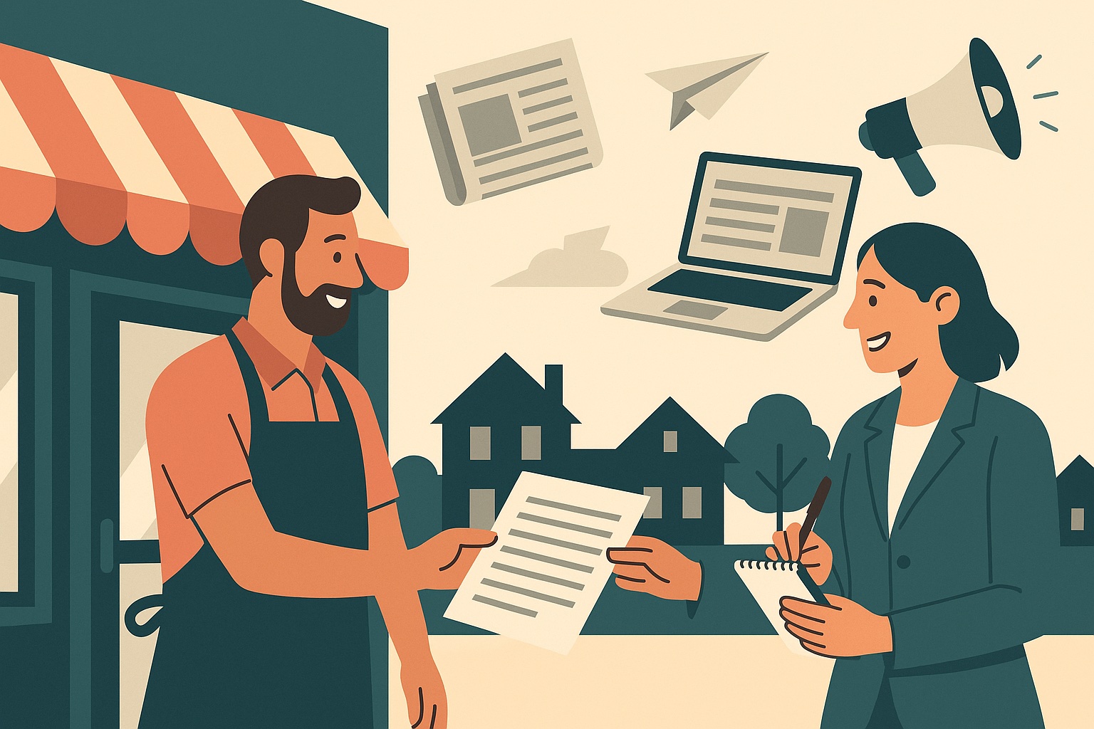 Illustration of a shop owner handing a news release to a local reporter outside a storefront