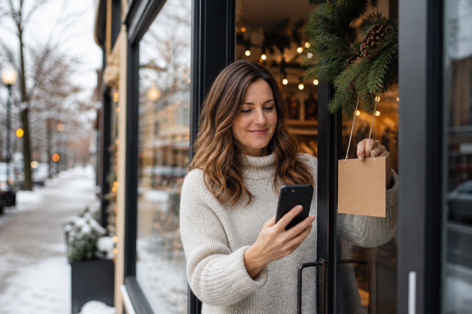 A smiling shop owner checks her phone while hanging a blank card on her shop door during the holidays