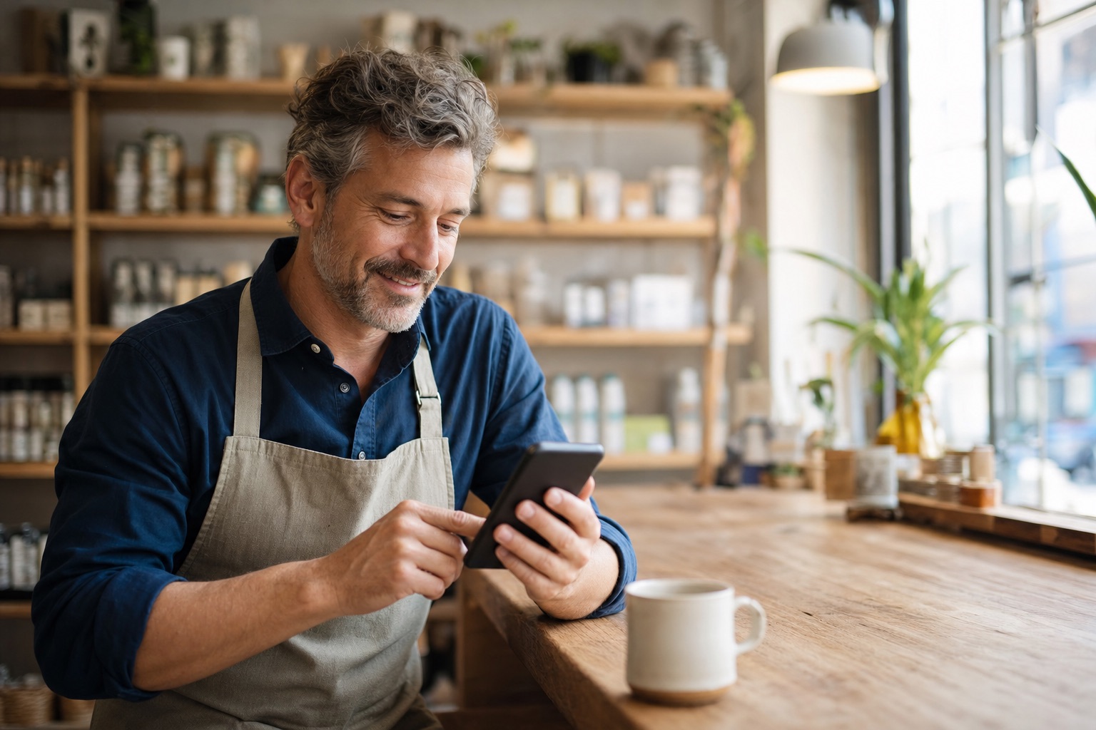 Local shop owner in an apron smiling while commenting on social media from a smartphone at the counter
